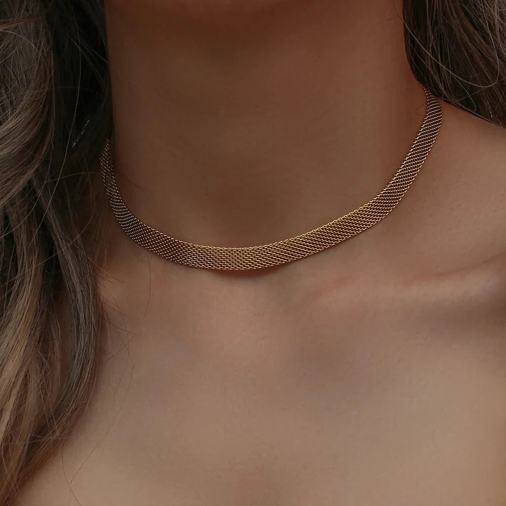 18k Layered Gold Mesh Choker Necklace and Bracelet - Aryomi
