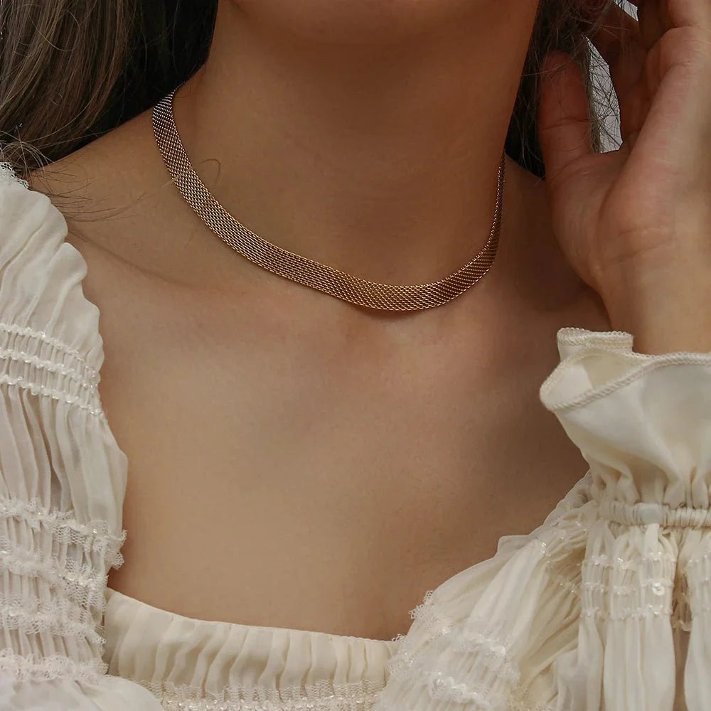 18k Layered Gold Mesh Choker Necklace and Bracelet - Aryomi