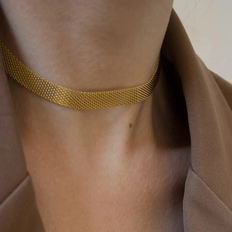 18k Layered Gold Mesh Choker Necklace and Bracelet - Aryomi