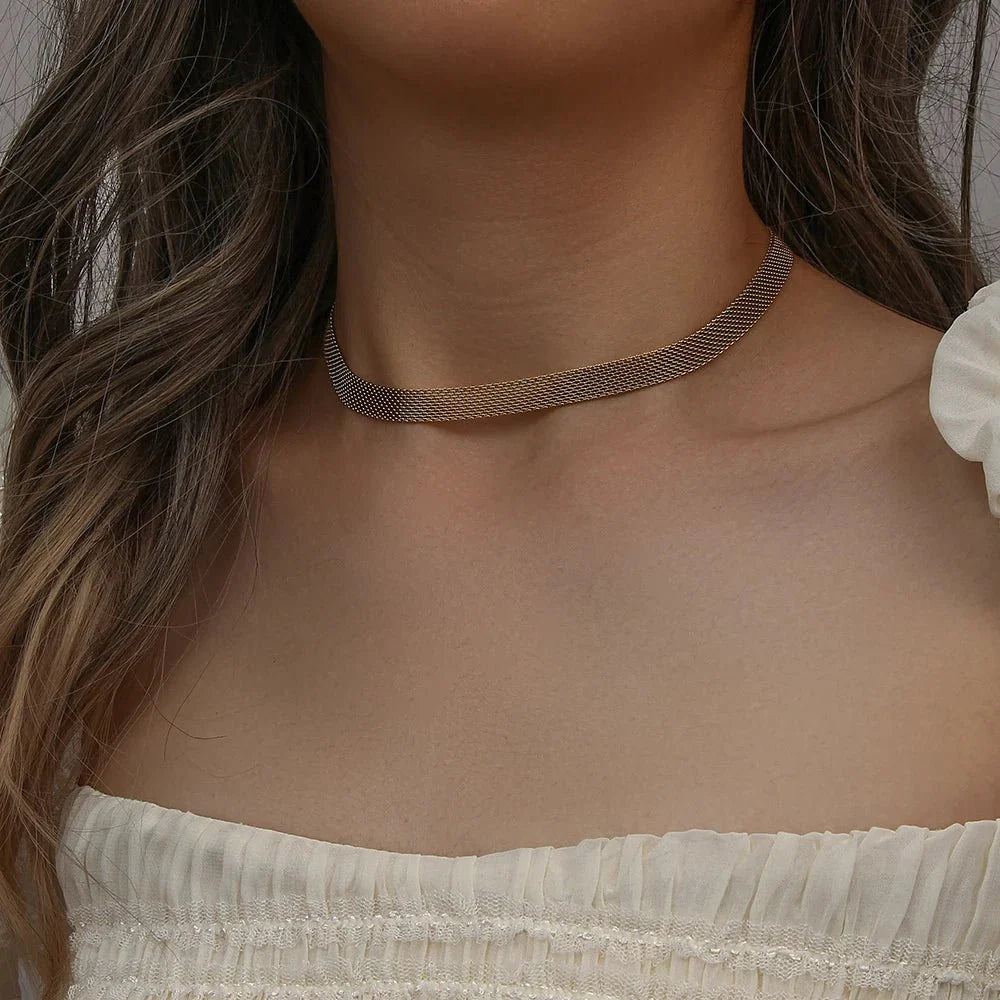 18k Layered Gold Mesh Choker Necklace and Bracelet - Aryomi
