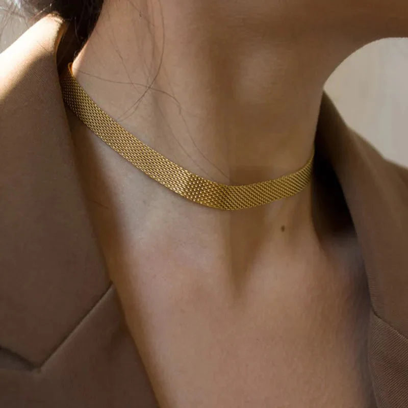 18k Layered Gold Mesh Choker Necklace and Bracelet - Aryomi