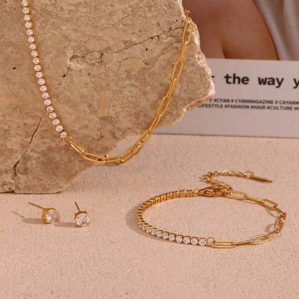 18k Paperclip Chain Tennis Necklace, Bracelet, and Earrings - Aryomi