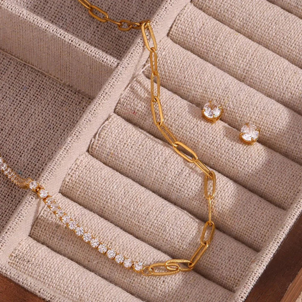 18k Paperclip Chain Tennis Necklace, Bracelet, and Earrings - Aryomi