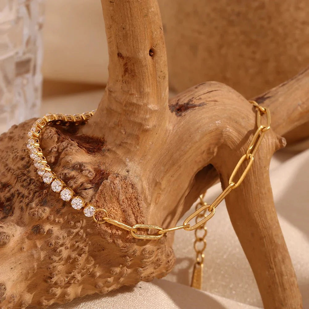 18k Paperclip Chain Tennis Necklace, Bracelet, and Earrings - Aryomi