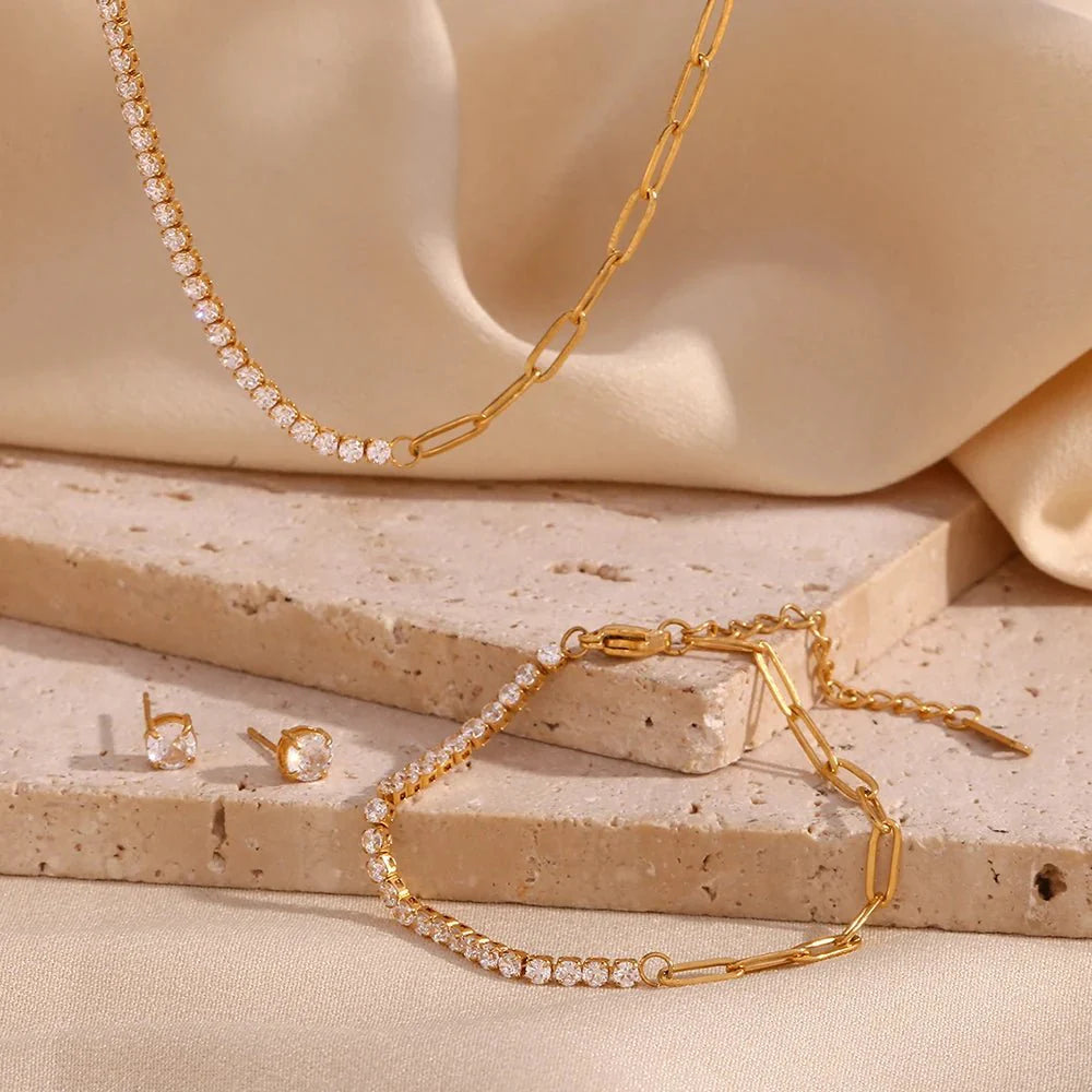 18k Paperclip Chain Tennis Necklace, Bracelet, and Earrings - Aryomi