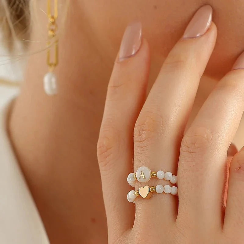 2pc Beaded Heart Letter Initial Rings - Aryomi