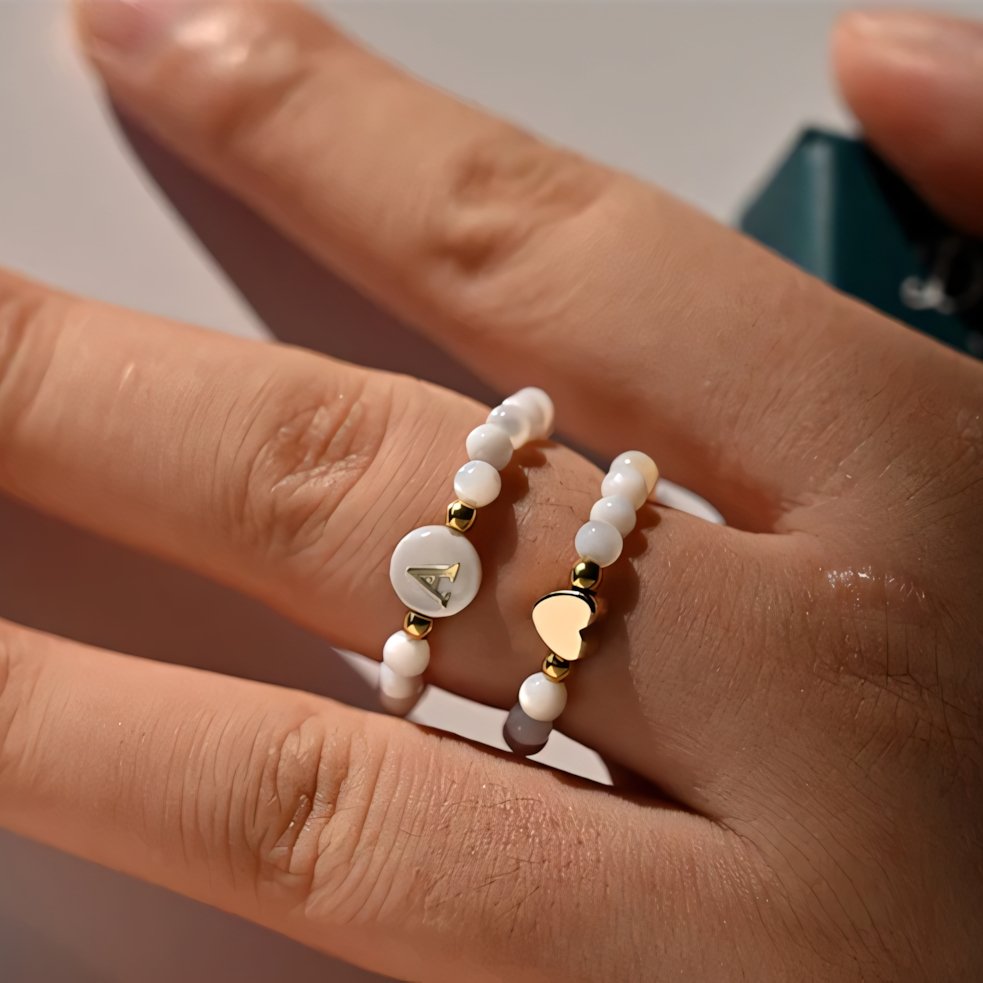 2pc Beaded Heart Letter Initial Rings - Aryomi