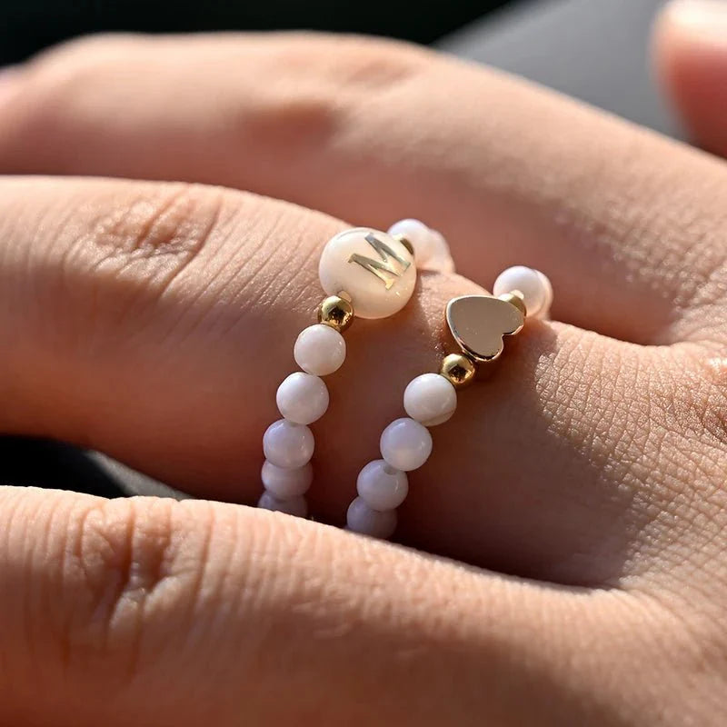 2pc Beaded Heart Letter Initial Rings - Aryomi