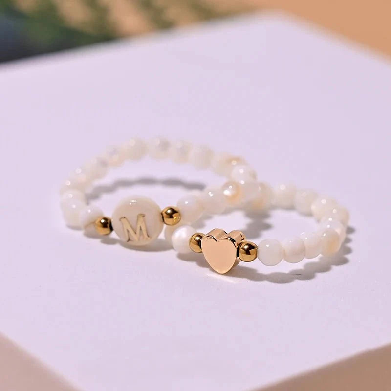2pc Beaded Heart Letter Initial Rings - Aryomi