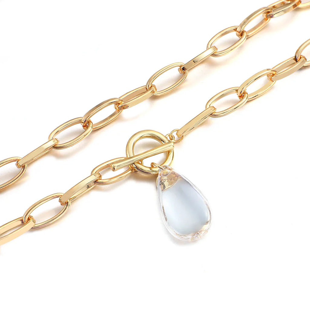 Chunky Paperclip Crystal Waterdrop Circle Bar Clasp Necklace