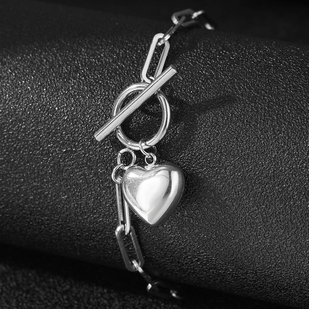 Modern Paperclip Bar Clasp Heart Bracelet