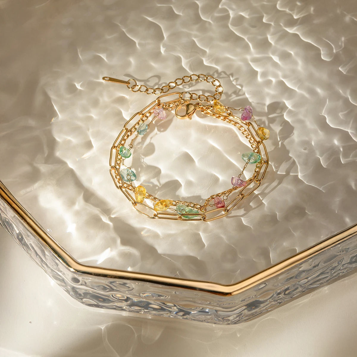 18k Stacked Curb, Paperclip, & Crystal Bracelet