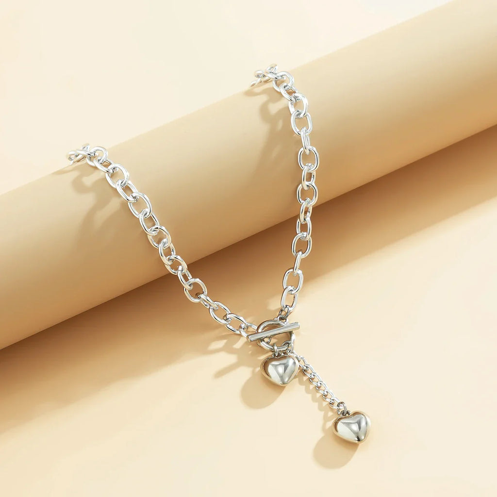 Bold Chunky Chain Link Dual Heart Lariat Necklace & Bracelet