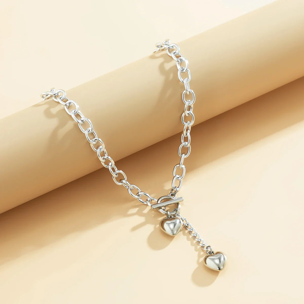 Bold Chunky Chain Link Dual Heart Lariat Necklace & Bracelet