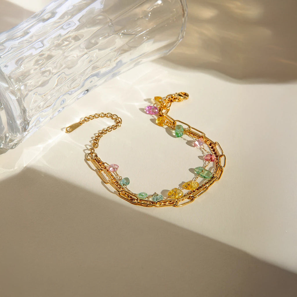 18k Stacked Curb, Paperclip, & Crystal Bracelet