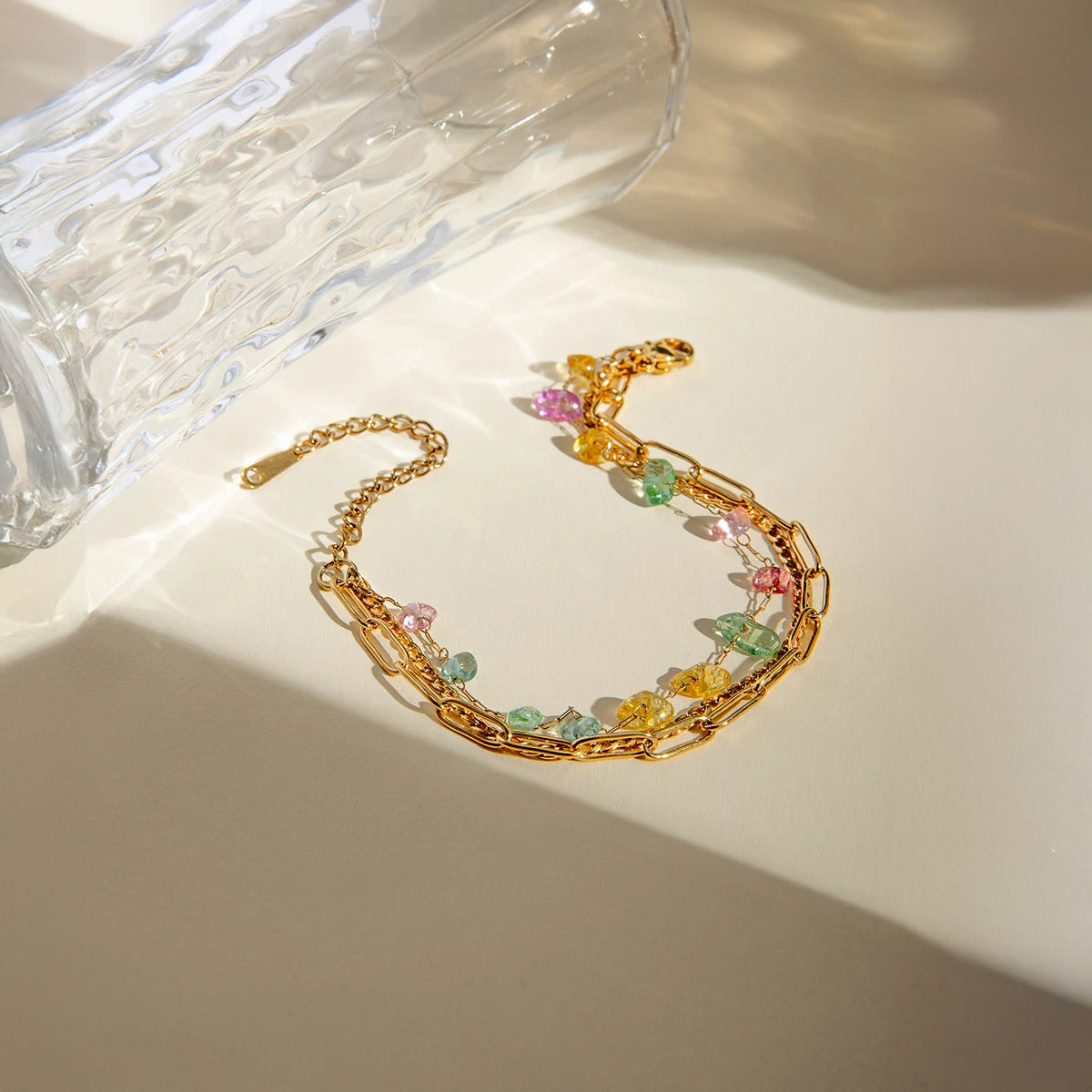 18k Stacked Curb, Paperclip, & Crystal Bracelet