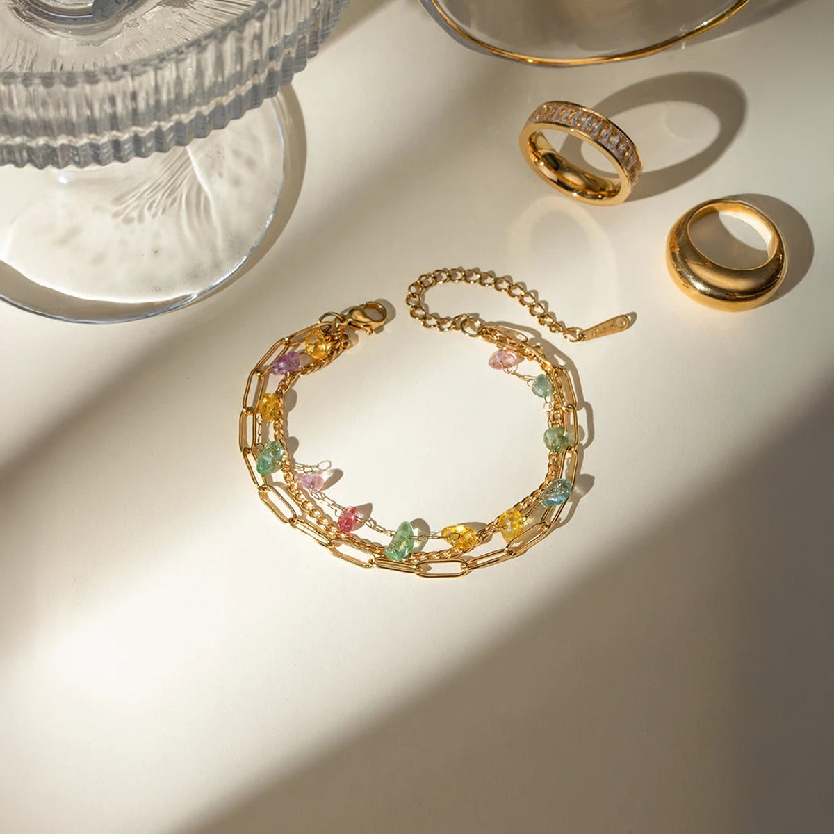 18k Stacked Curb, Paperclip, & Crystal Bracelet