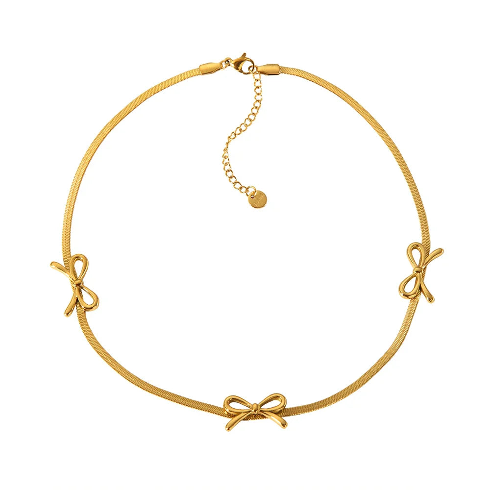 18k Feminine Bow Herringbone & Dainty Pearl Necklace