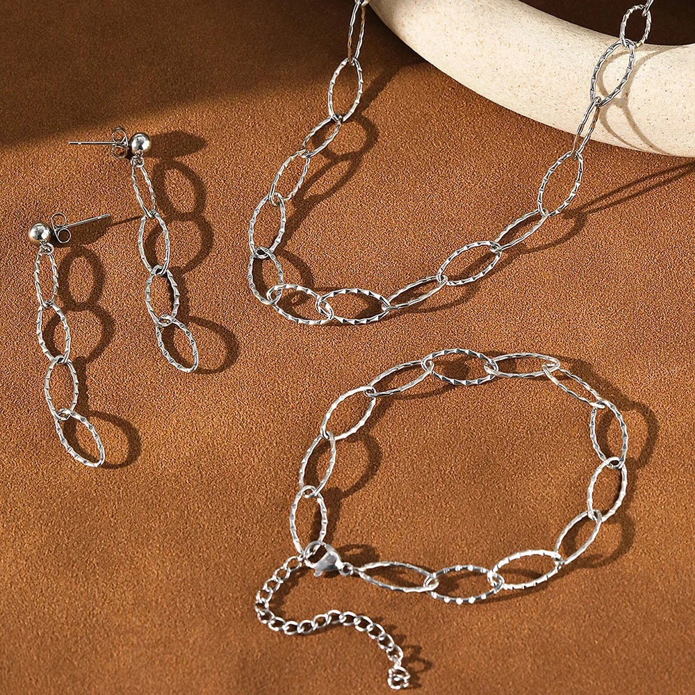 Geometric Paperclip Oval Necklace, Bracelet, Earring Set