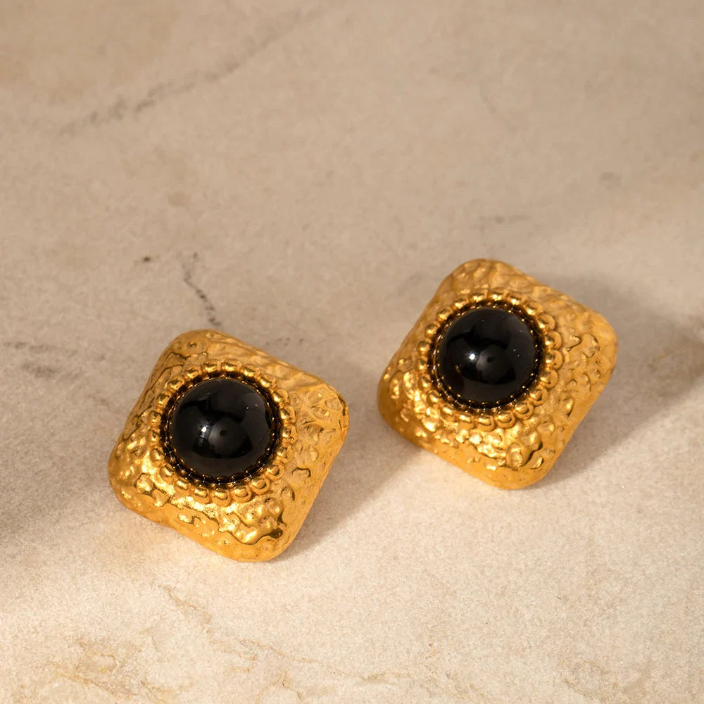 Hammered Square Onyx Earrings