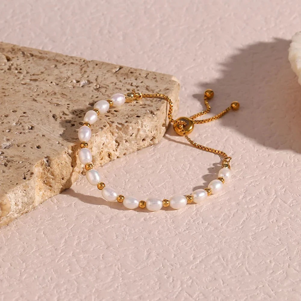 Adjustable Gold Accented Pearl Bracelet - Aryomi
