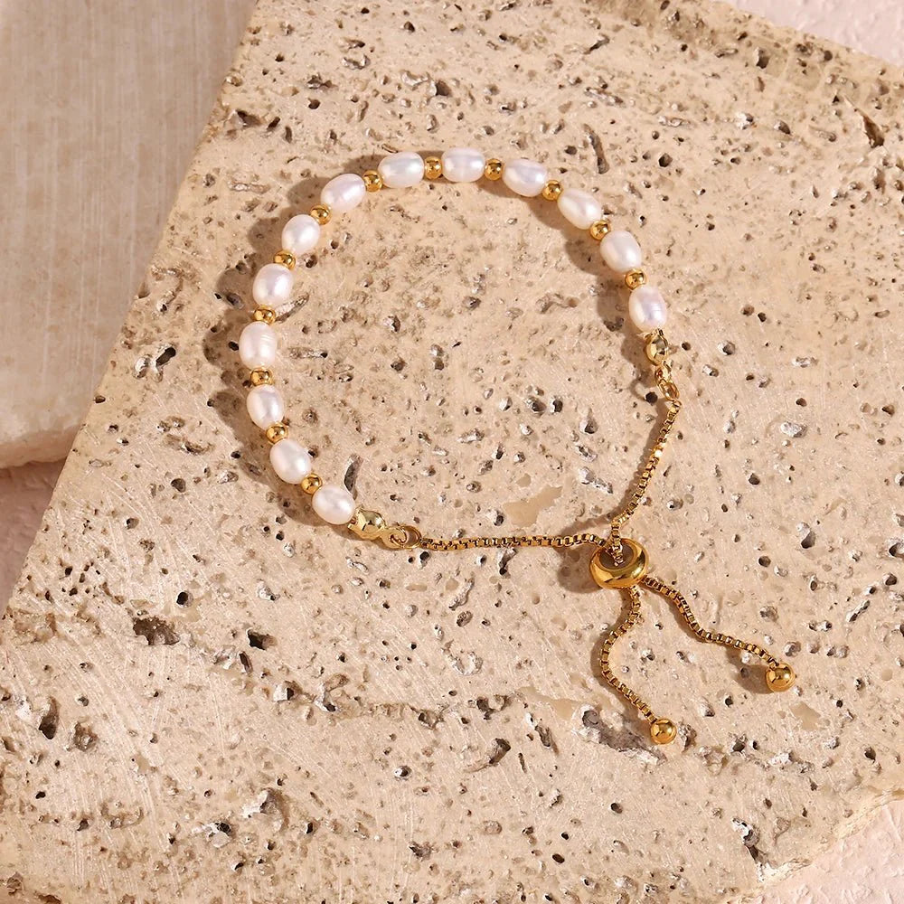 Adjustable Gold Accented Pearl Bracelet - Aryomi