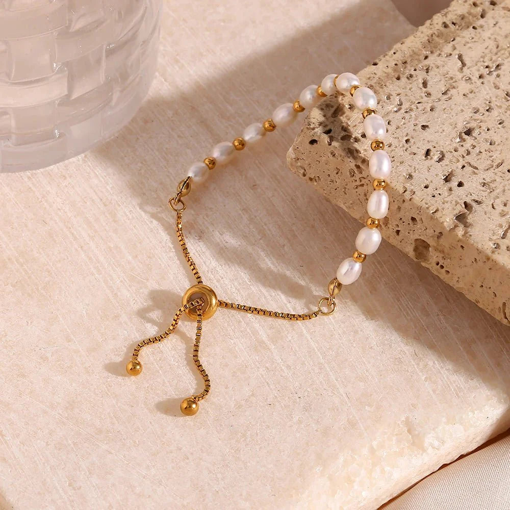 Adjustable Gold Accented Pearl Bracelet - Aryomi