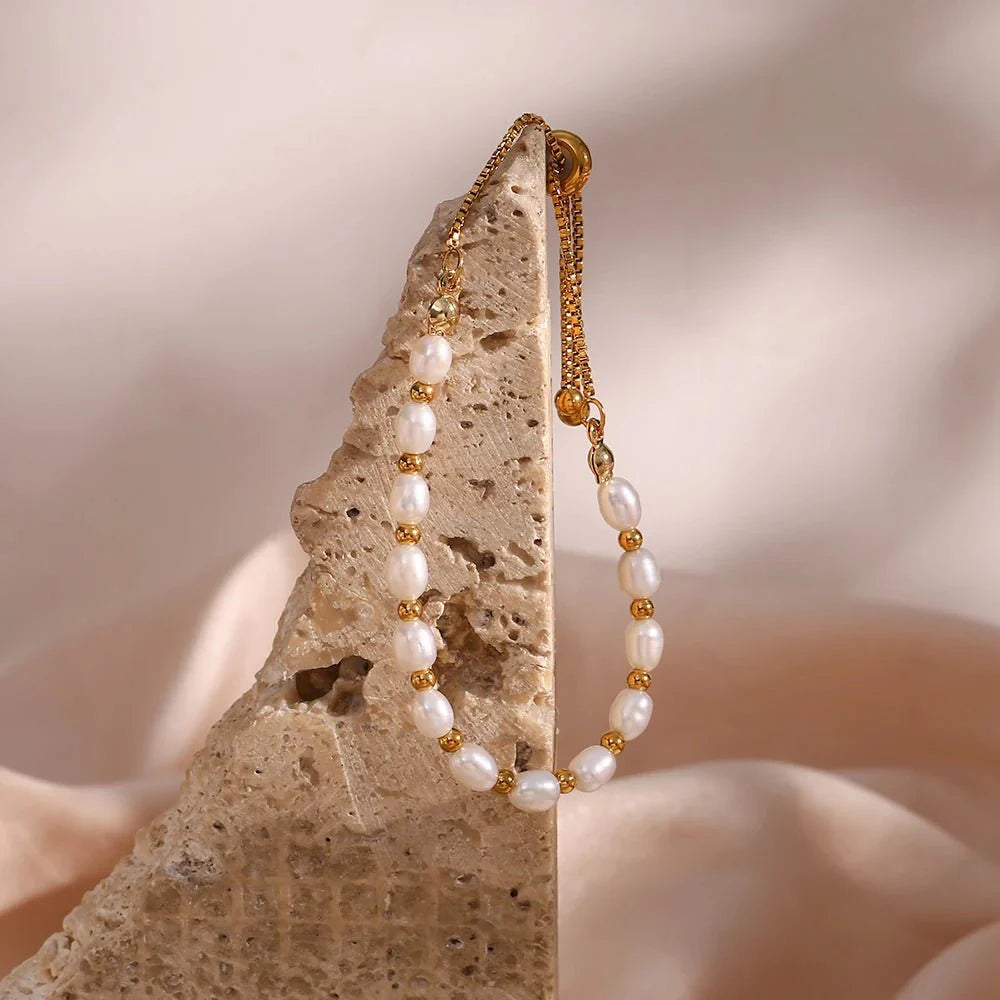 Adjustable Gold Accented Pearl Bracelet - Aryomi