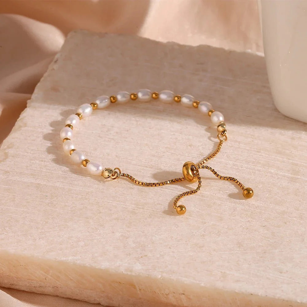 Adjustable Gold Accented Pearl Bracelet - Aryomi
