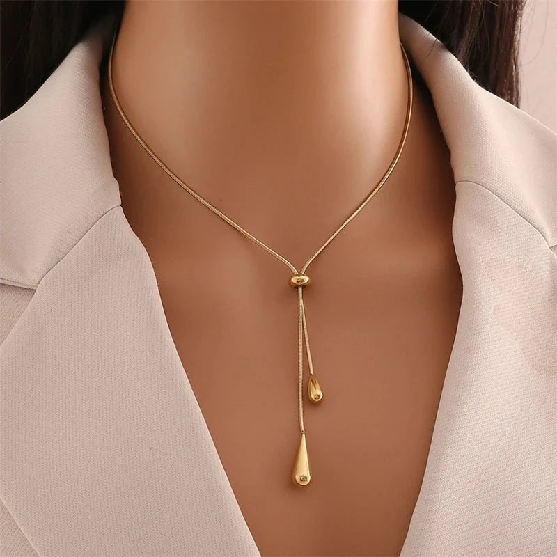 Adjustable Pull Droplet Lariat Necklace and Earrings - Aryomi