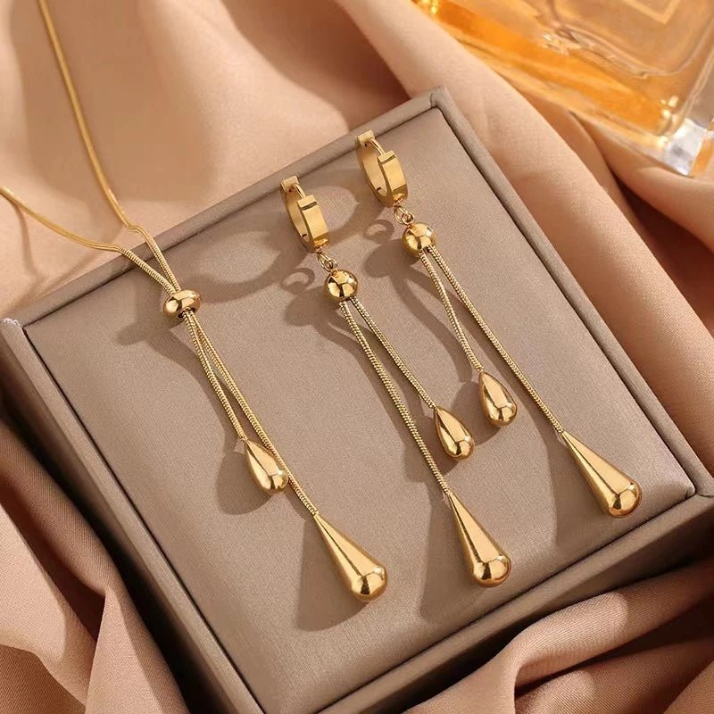 Adjustable Pull Droplet Lariat Necklace and Earrings - Aryomi