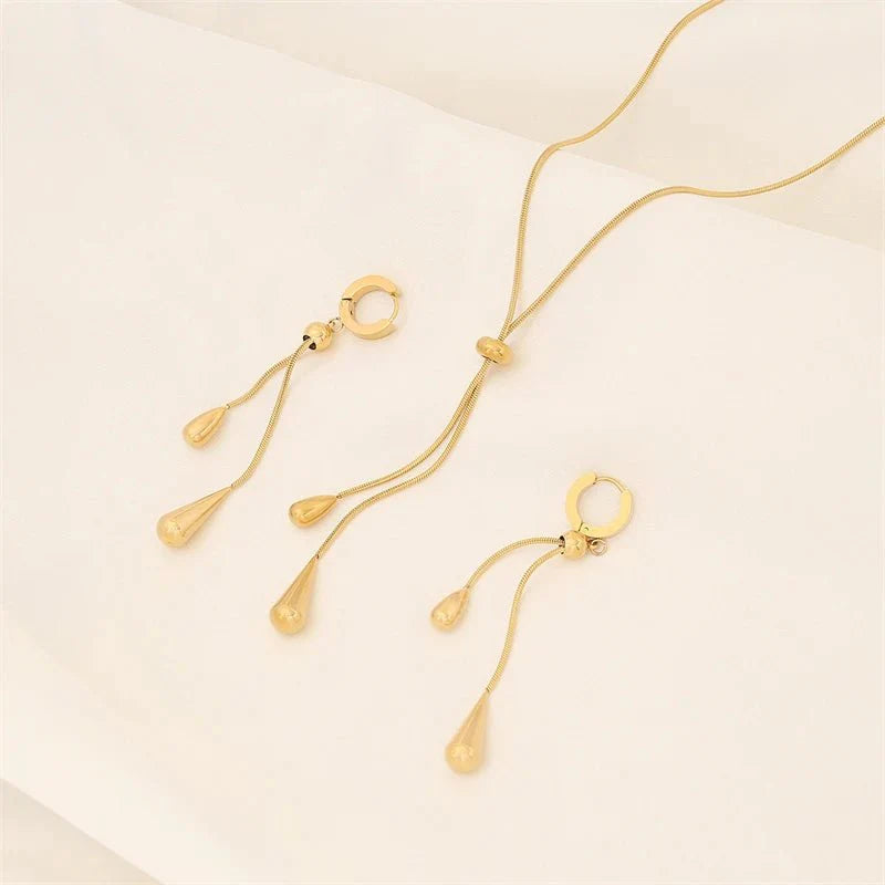 Adjustable Pull Droplet Lariat Necklace and Earrings - Aryomi