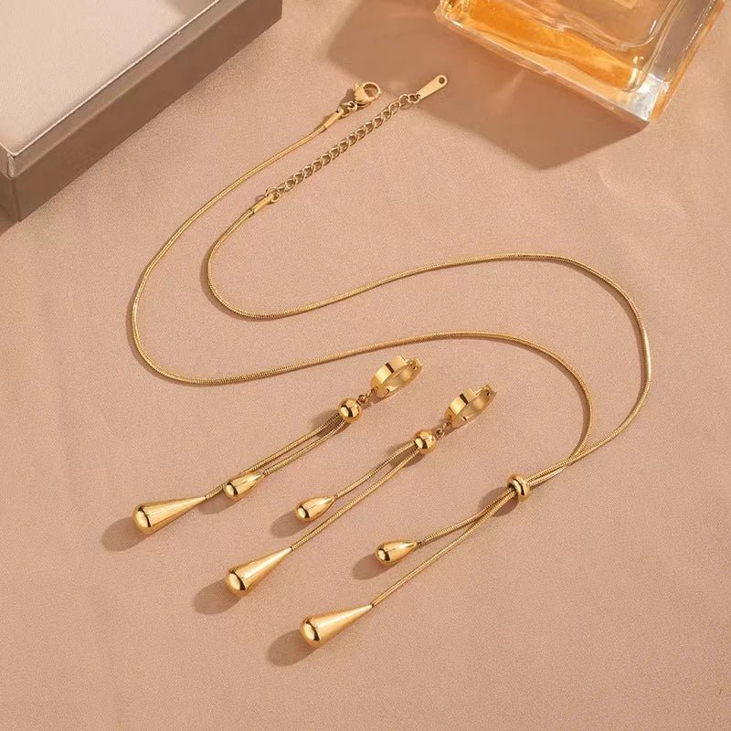Adjustable Pull Droplet Lariat Necklace and Earrings - Aryomi