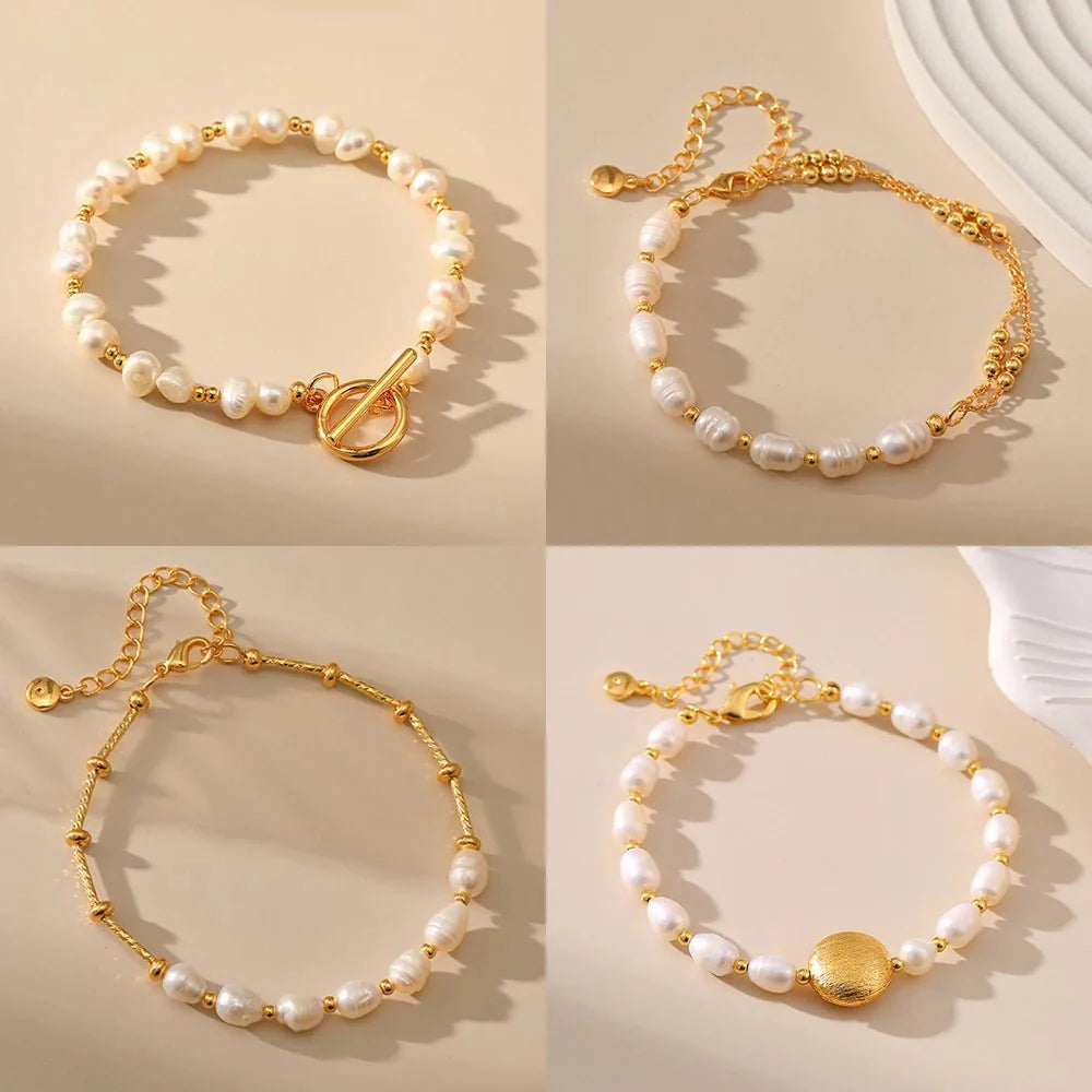 Boho Gold Accented Pearl Bracelets - Aryomi