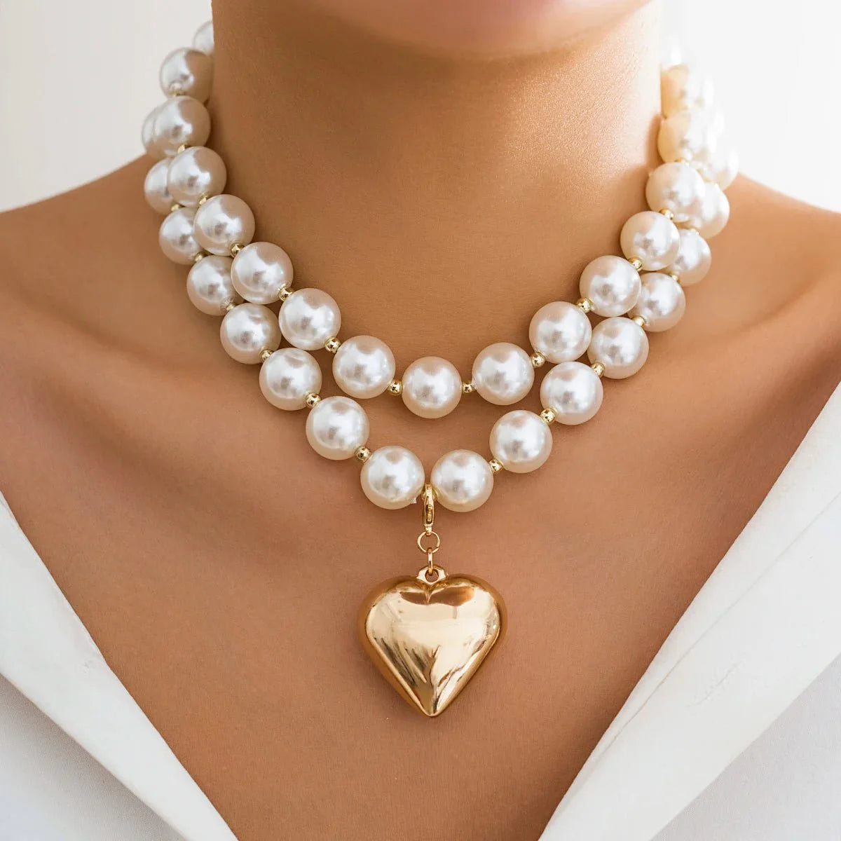 Bold Statement Pearl Layered Heart Necklace - Aryomi