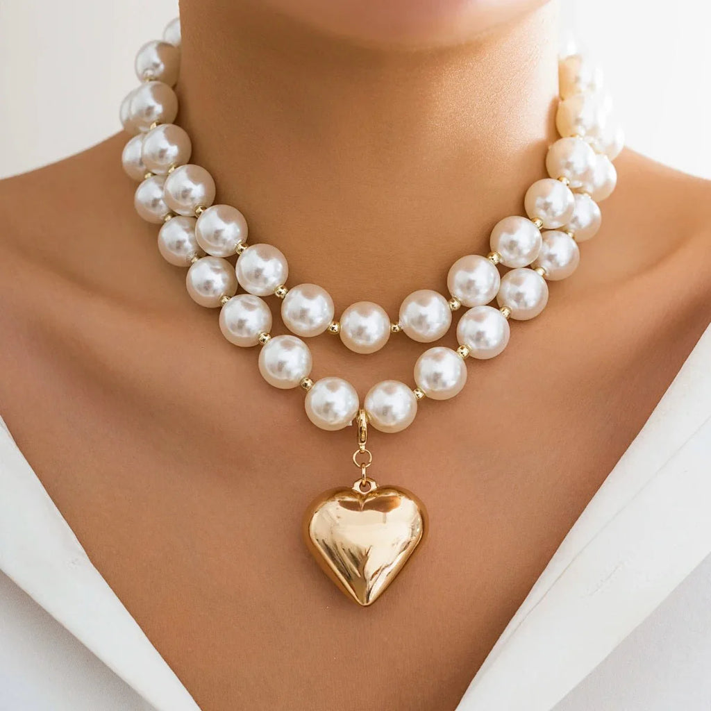 Bold Statement Pearl Layered Heart Necklace - Aryomi