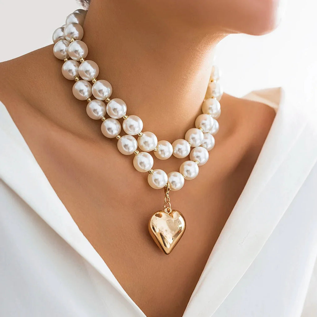 Bold Statement Pearl Layered Heart Necklace - Aryomi