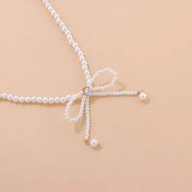 Dainty Beaded Pearl Bow Choker Necklace - Aryomi