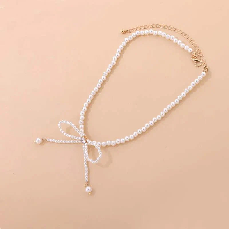 Dainty Beaded Pearl Bow Choker Necklace - Aryomi