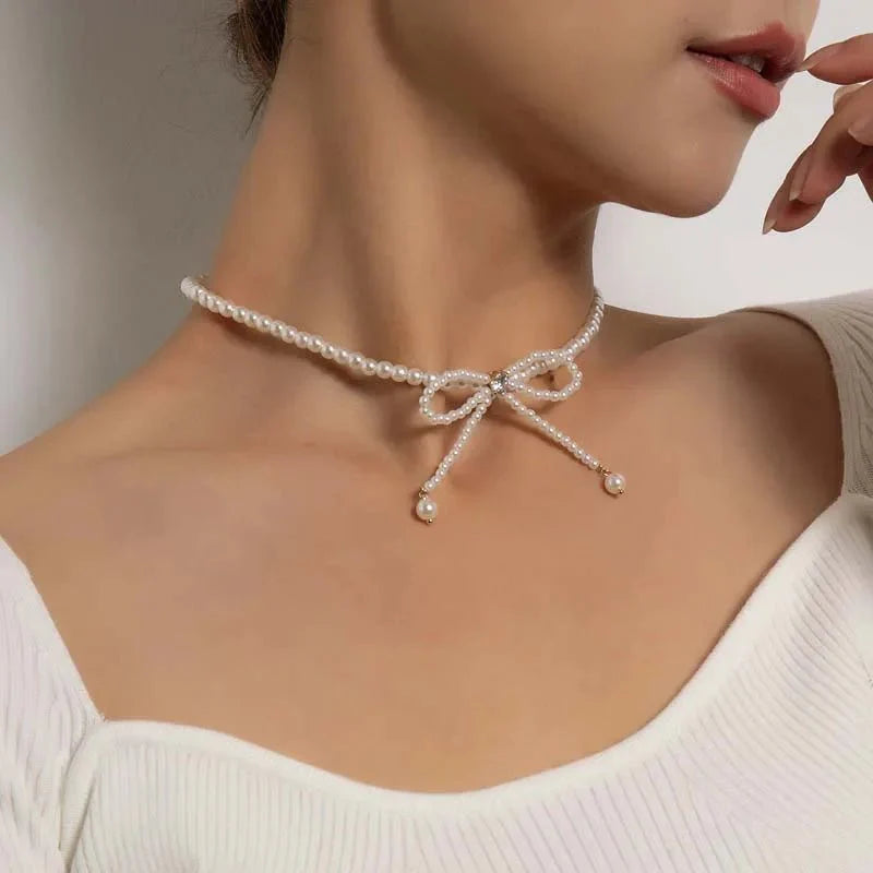 Dainty Beaded Pearl Bow Choker Necklace - Aryomi