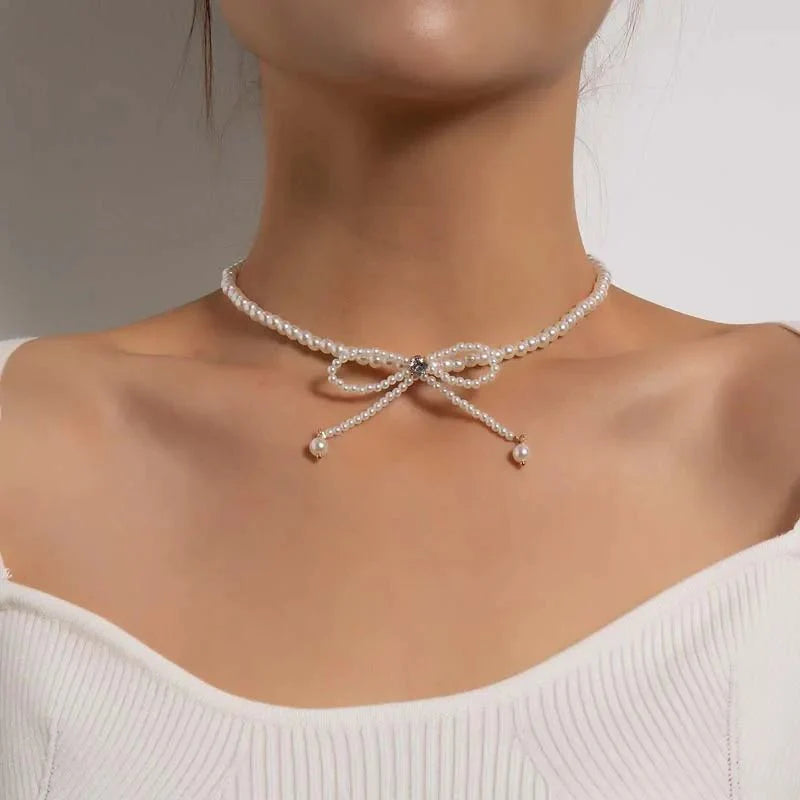 Dainty Beaded Pearl Bow Choker Necklace - Aryomi