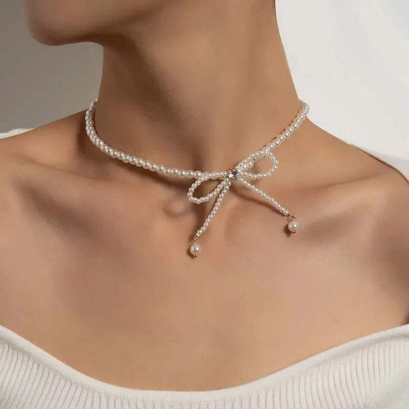 Dainty Beaded Pearl Bow Choker Necklace - Aryomi