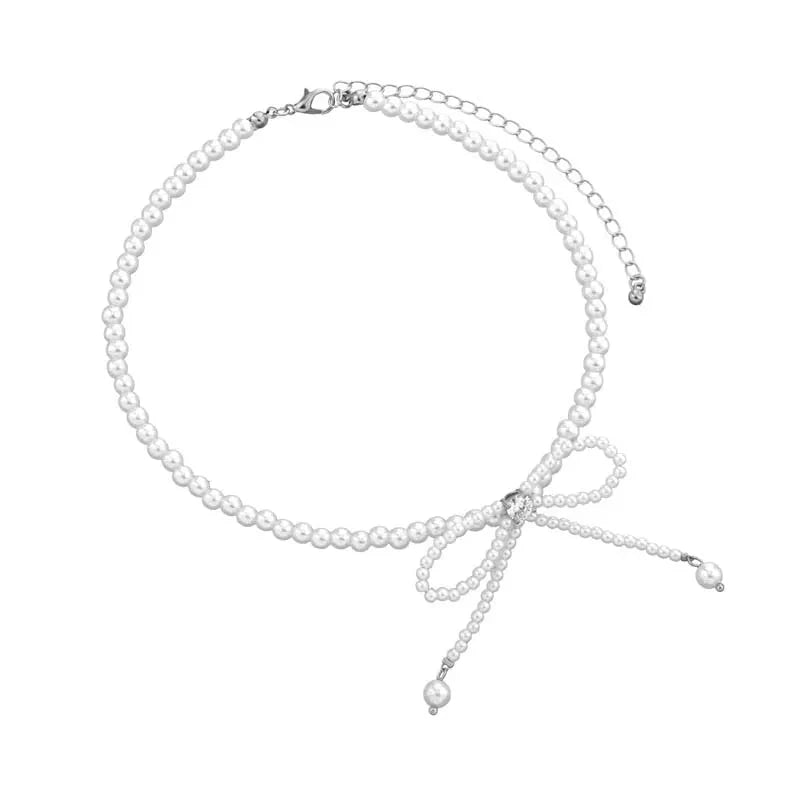 Dainty Beaded Pearl Bow Choker Necklace - Aryomi