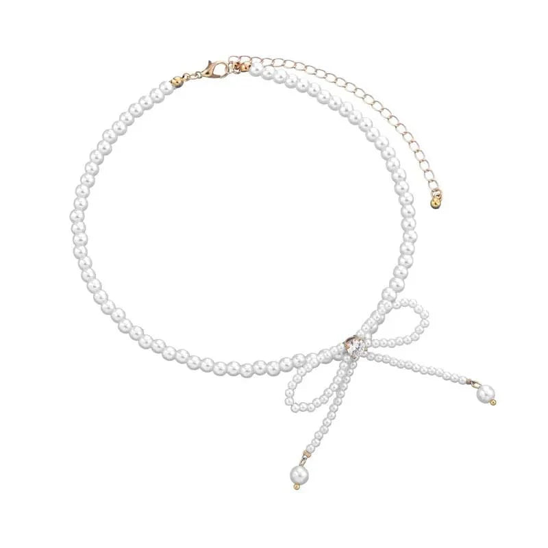 Dainty Beaded Pearl Bow Choker Necklace - Aryomi