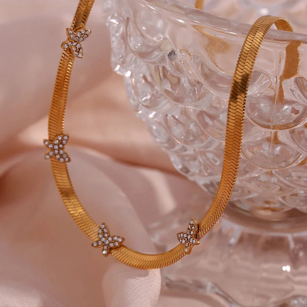 Dainty Diamond Butterfly Herringbone Necklace - Aryomi
