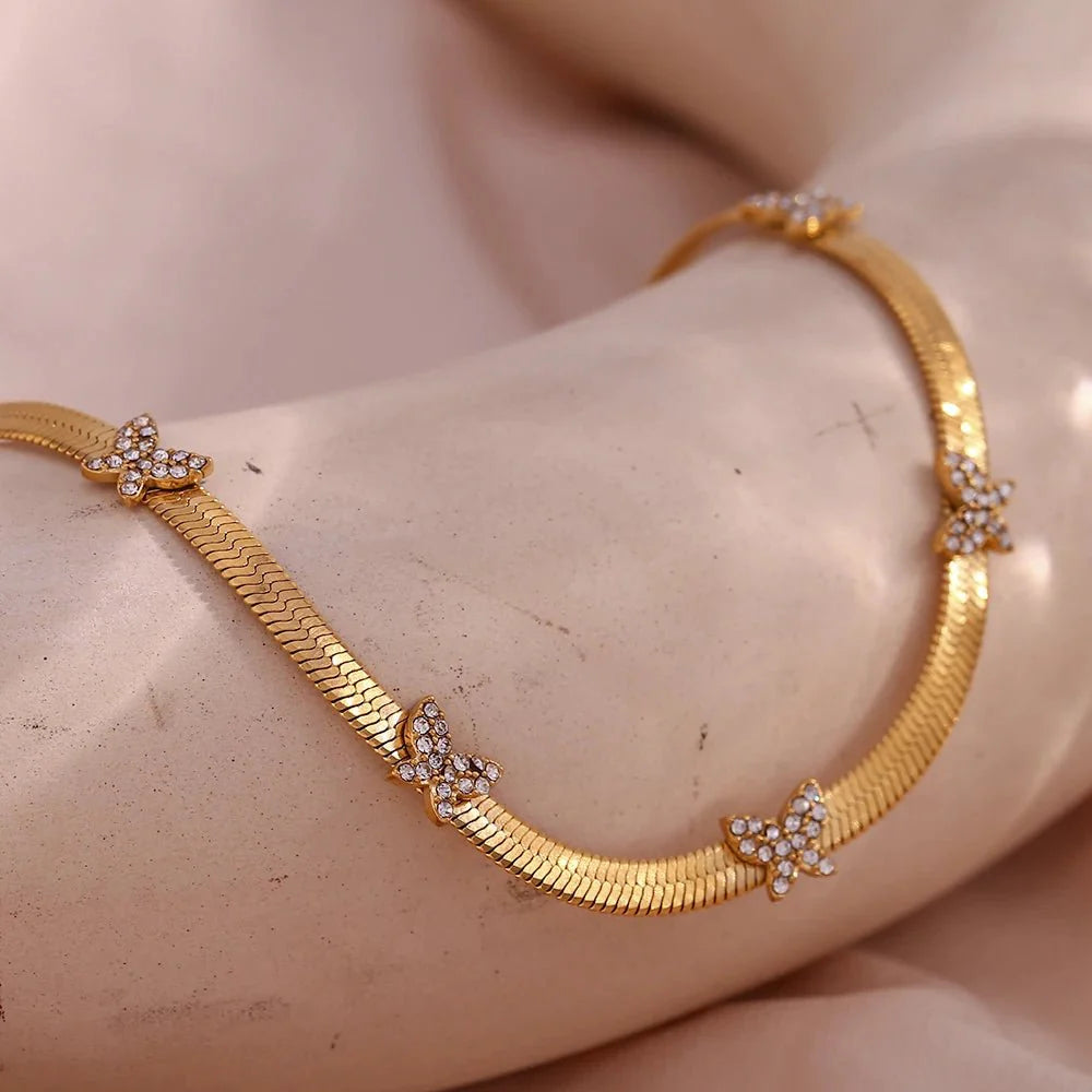 Dainty Diamond Butterfly Herringbone Necklace - Aryomi