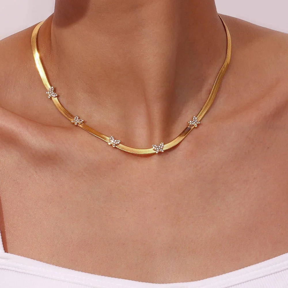 Dainty Diamond Butterfly Herringbone Necklace - Aryomi