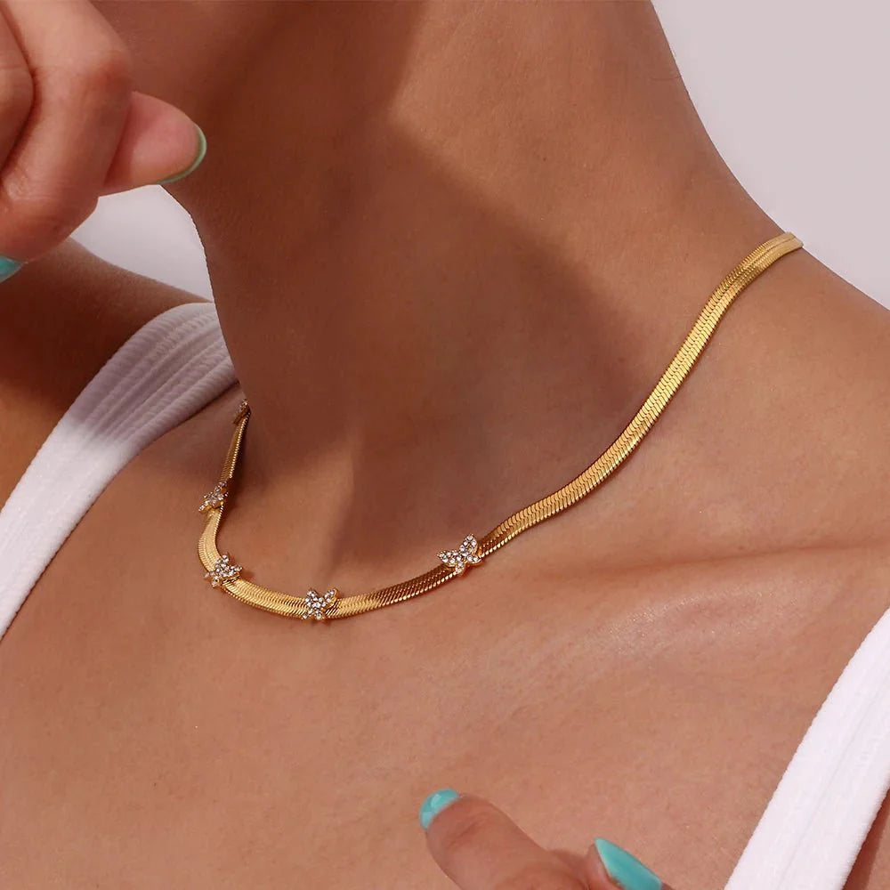 Dainty Diamond Butterfly Herringbone Necklace - Aryomi