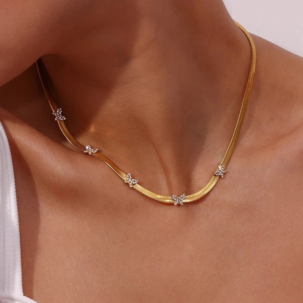 Dainty Diamond Butterfly Herringbone Necklace - Aryomi