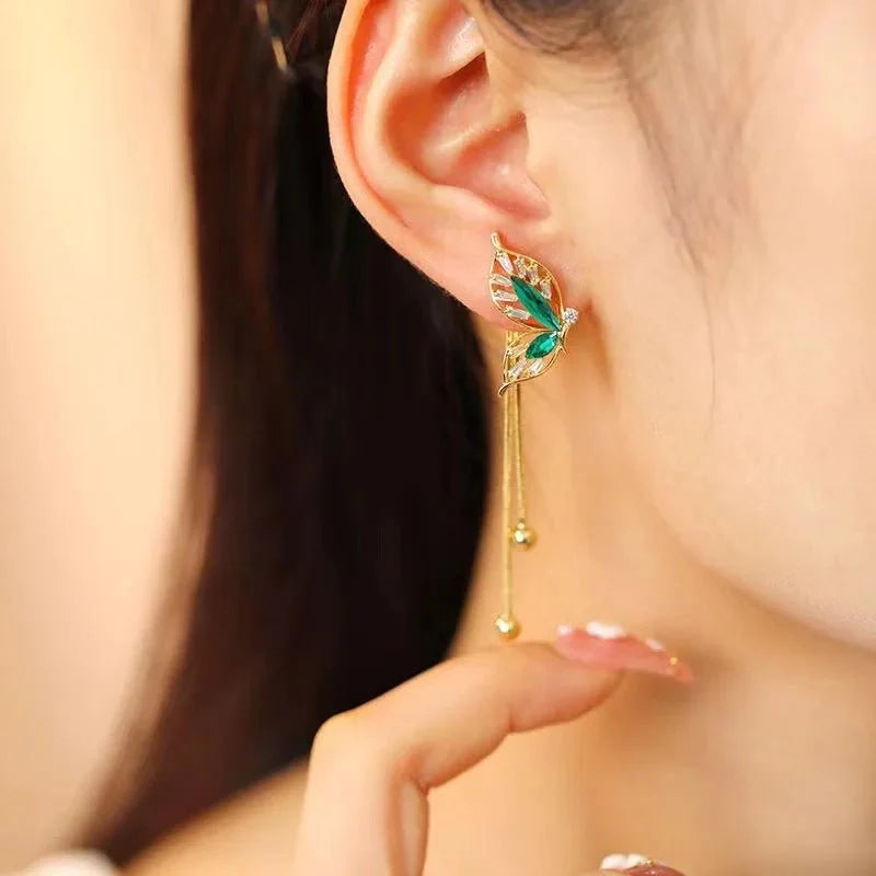Dainty Emerald Butterfly Dangle Earrings - Aryomi